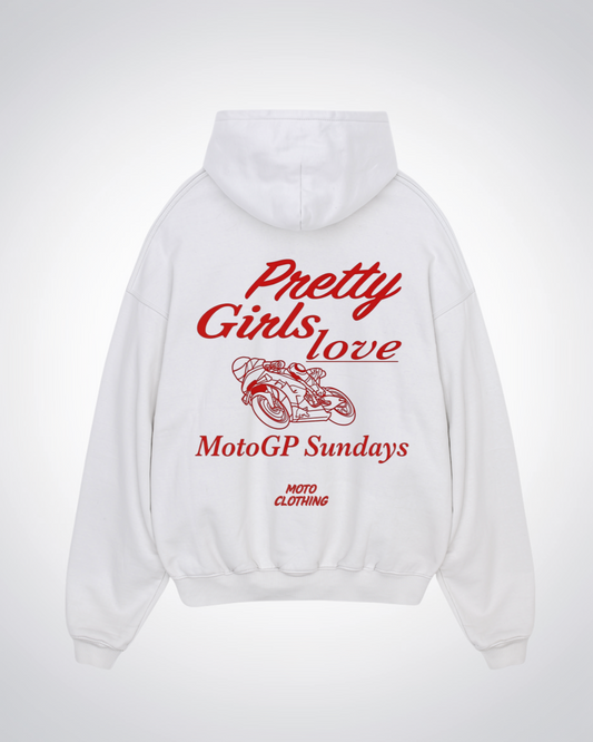 Pretty Girls Love MotoGP Sundays Oversized Hoodie - White Back (Designed)
