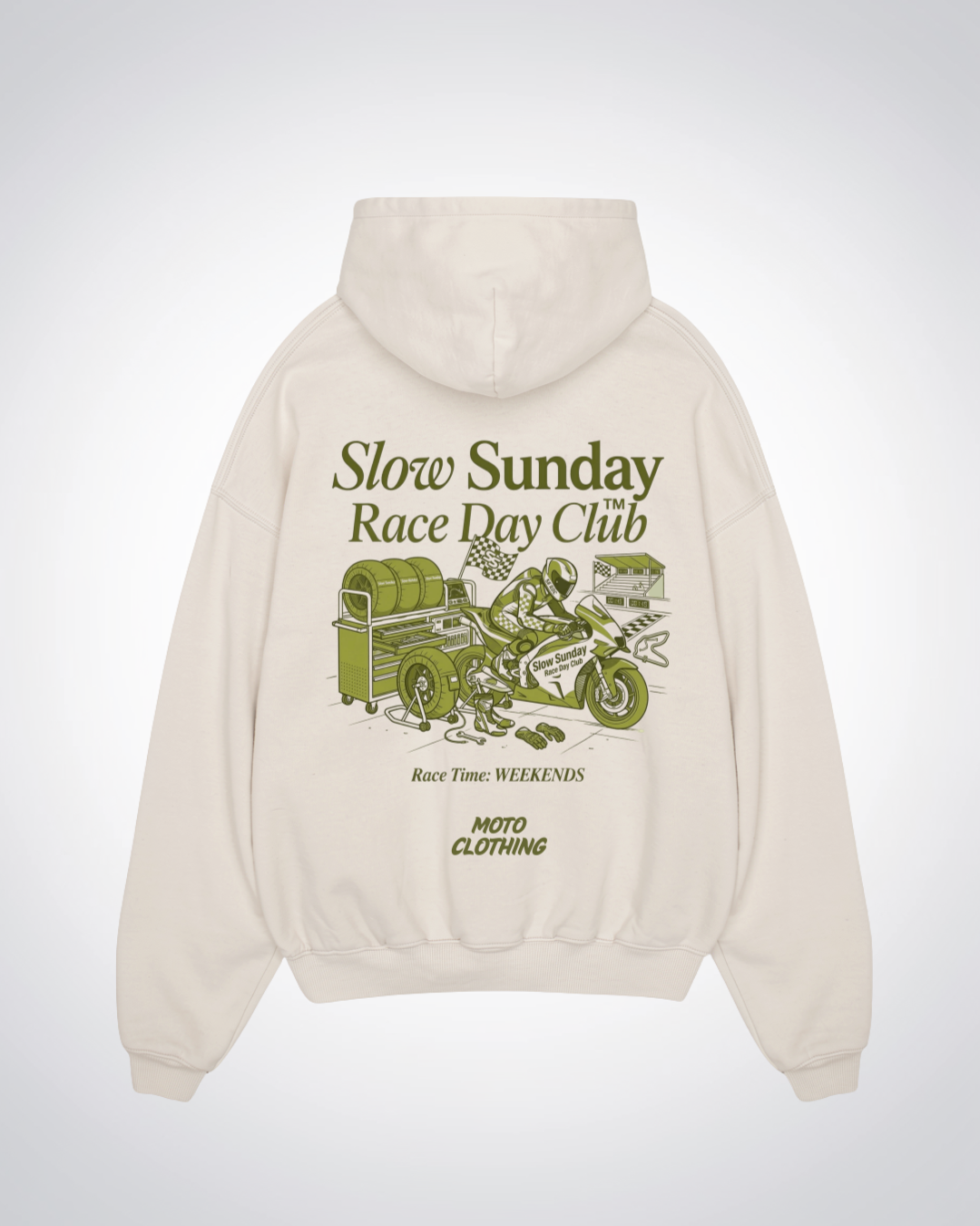 Slow Sunday Race Day Club Oversized Hoodie - Beige Back (Designed)